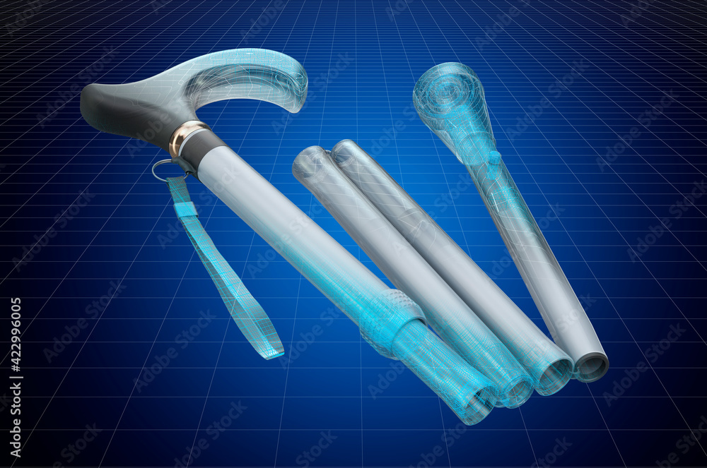 Poster visualization 3d cad model of folding cane, blueprint. 3d rendering