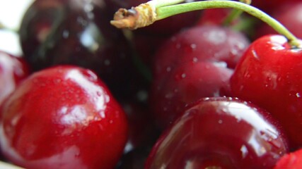 Close up shot of ripe red cherries rotating on white background