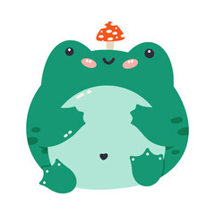 Vector illustration of a green frog. Cute cartoon toad with a mushroom on its head. Frog isolated on a white background