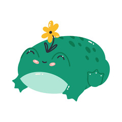 Vector illustration of a green frog with a flower on its head. Cute cartoon toad. Frog isolated on a white background