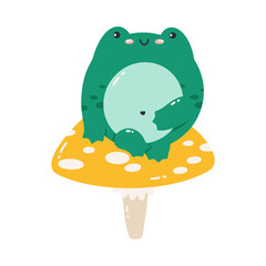 Vector illustration of a green frog sitting on a mushroom. Cute cartoon toad. Frog isolated on a white background