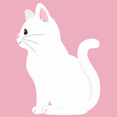 Simple and adorable white cat sitting in side view flat colored