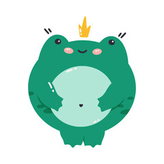 Vector illustration of a green frog with a crown. Cute cartoon frog princess. Toad isolated on a white background