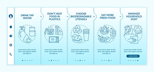 Avoiding microplastics tips onboarding vector template. Responsive mobile website with icons. Web page walkthrough 5 step screens. Minimize household dust color concept with linear illustrations