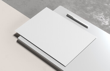 A4 size white paper mock up isolated on soft background. Blank portrait A4 mock up. 3D illustration.