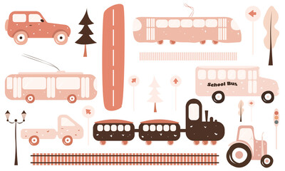 Cute kid transport in pastel colors. Tram, car, tractor, train with cars, truck, road signs, trees, street lamp, traffic light, rails. Vector illustration