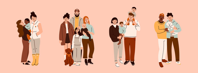 Various Families. Set of family portraits. Group of people standing together. Hand drawn colored Vector illustration. Parents, children, relatives, friends, partners. Togetherness, parenting concept - obrazy, fototapety, plakaty