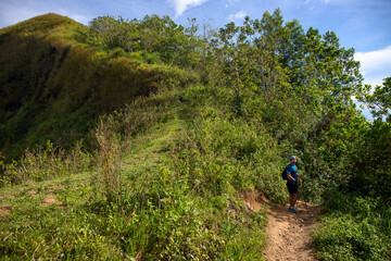 Green tropical landscape with mountains and rural lands. Trekking man seek for the right path. Travelling in green bush of tropical island. Wild nature vacation