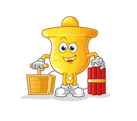 bell holding dynamite detonator. cartoon mascot vector