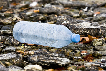 Plastic bottle abandoned on a pebble beach. Concept image concerning pollution and environmental protection.