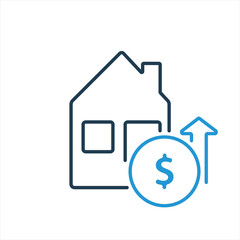 Increases of cost real estate. House and dollar coin line icon. Growth of price in real estate. Arrow up line icon. Vector