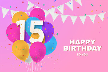 Happy 15th birthday balloons greeting card background. 15 years anniversary. 15th celebrating with confetti. Illustration stock