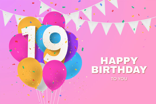 Happy 19th birthday balloons greeting card background. 19 years anniversary. 19th celebrating with confetti. Illustration stock