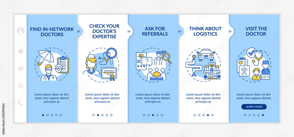 Aufkleber choosing general practitioner doctor tips onboarding vector template. responsive mobile website with