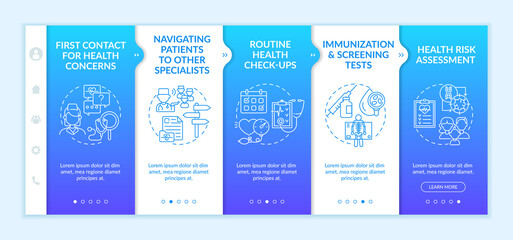Naklejka premium Family doctor tasks onboarding vector template. Responsive mobile website with icons. Web page walkthrough 5 step screens. Routine health check color concept with linear illustrations