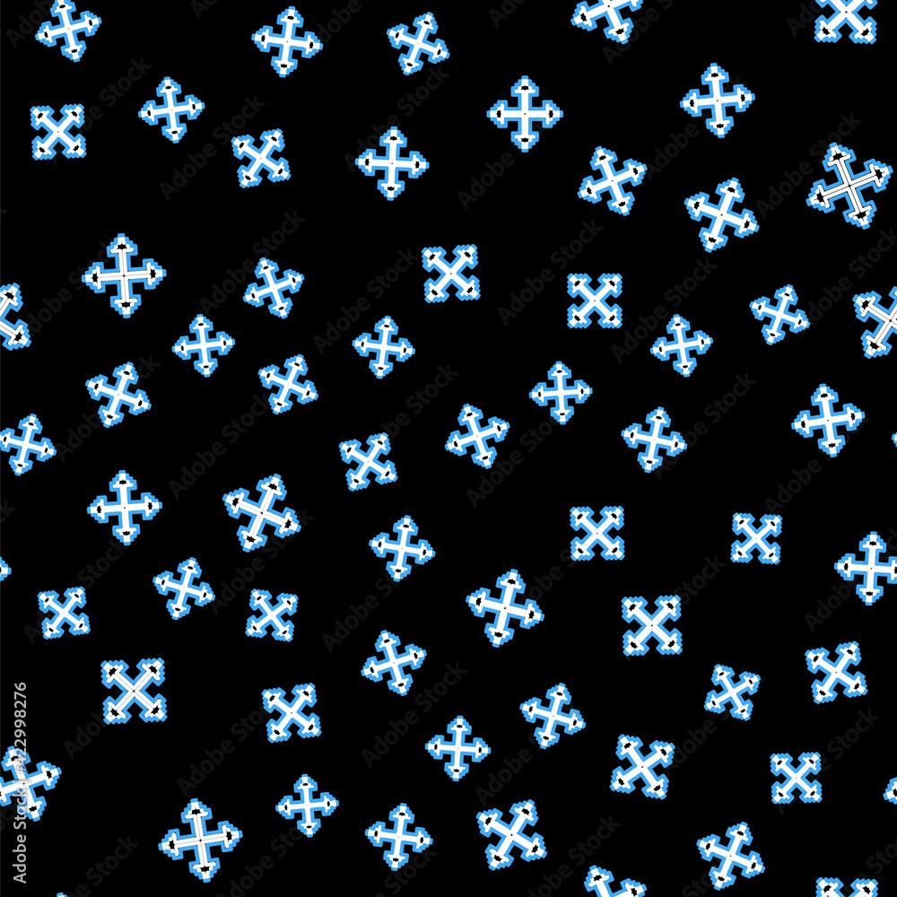 Poster line pixel arrows in four directions icon isolated seamless pattern on black background. cursor move