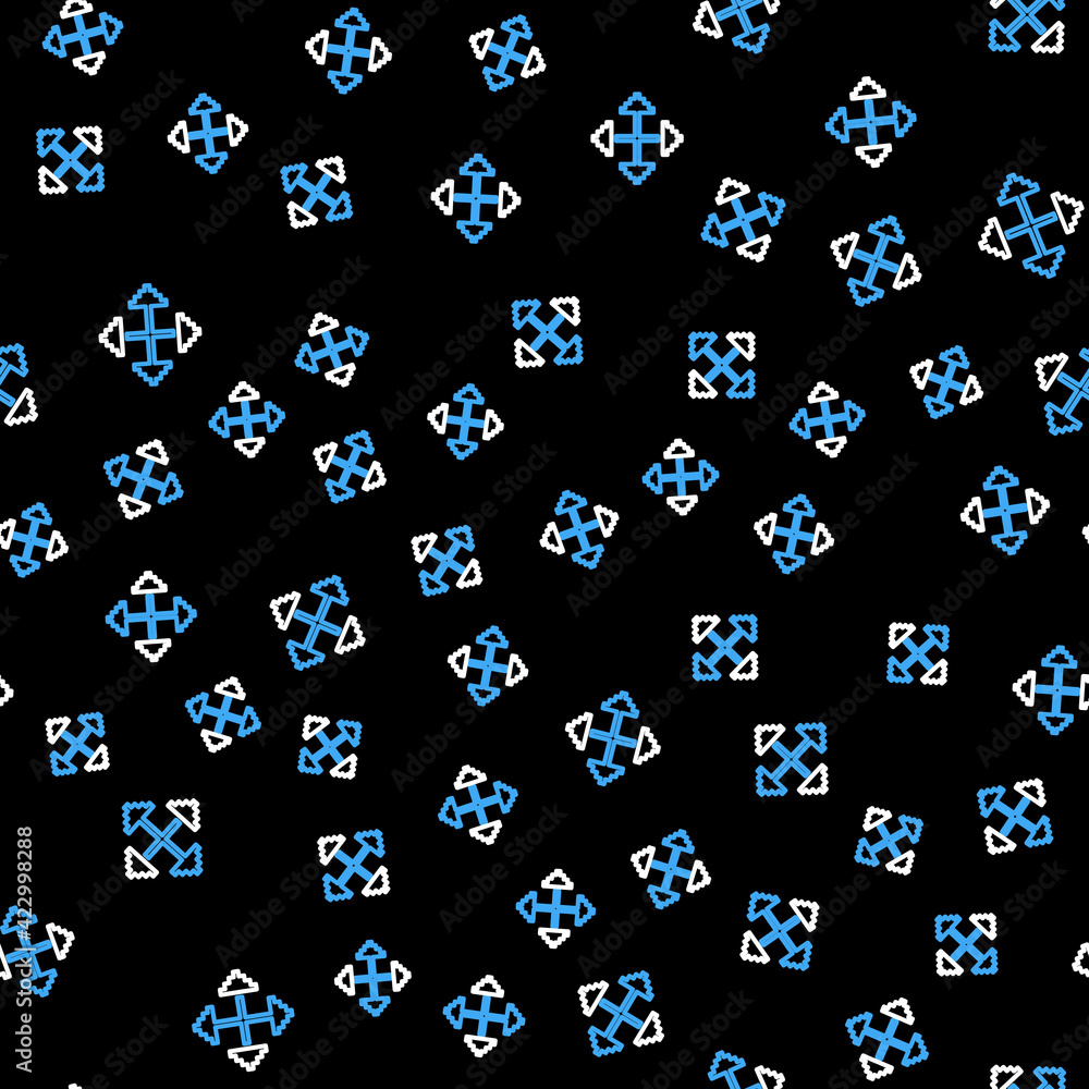 Poster line pixel arrows in four directions icon isolated seamless pattern on black background. cursor move