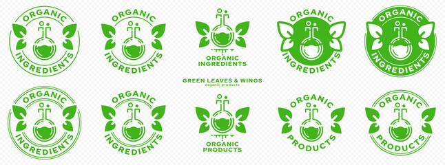 Concept for product packaging. Labeling - organic ingredients and products. Stamp with leaf-wings - a symbol of natural components floating in the product. Flask with a green ingredient. Vector