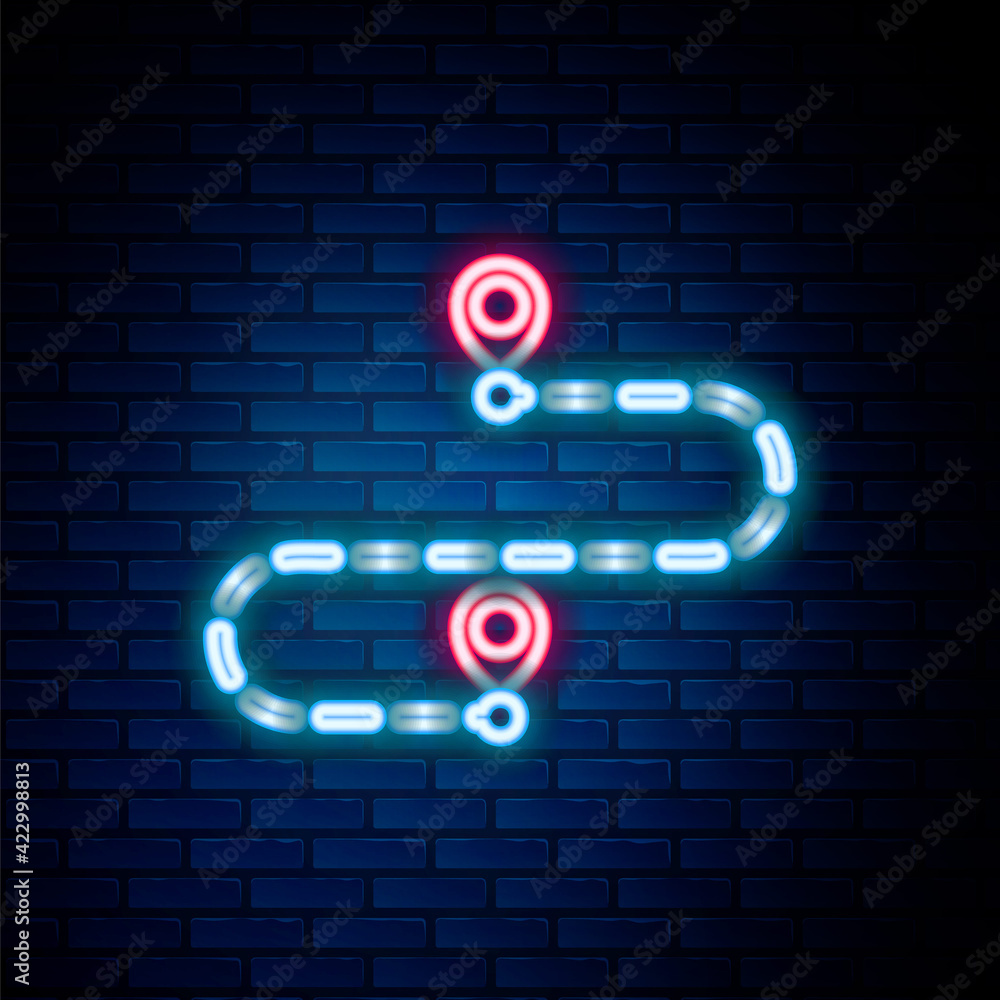 Poster glowing neon line route location icon isolated on brick wall background. map pointer sign. concept o