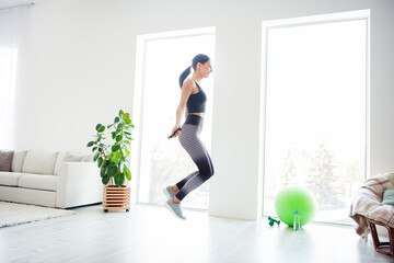 Full size photo of happy positive smiling sportive girl jumping exercising with jump rope at home house