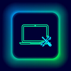 Glowing neon line Laptop with screwdriver and wrench icon isolated on black background. Adjusting, service, setting, maintenance, repair, fixing. Colorful outline concept. Vector