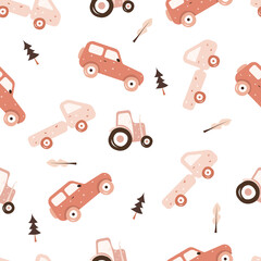 Kid seamless pattern with toy transport. For packaging, wrappers, textiles, wallpaper, office supplies. Vector