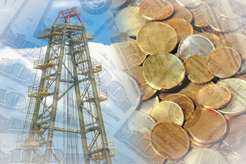 Drilling rig for mining amid money . The concept of price changes on the oil market .