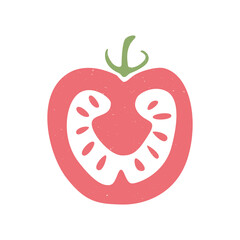 Cute half a tomato icon isolated on white background. Colorful pictogram original design. Can be used for infographics, identity or decoration. Vector shabby hand drawn illustration