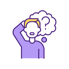 Surprised man with question mark RGB color icon. Confused character thinking. Advice, help, support needed. Trying to find problem solution isolated vector illustration