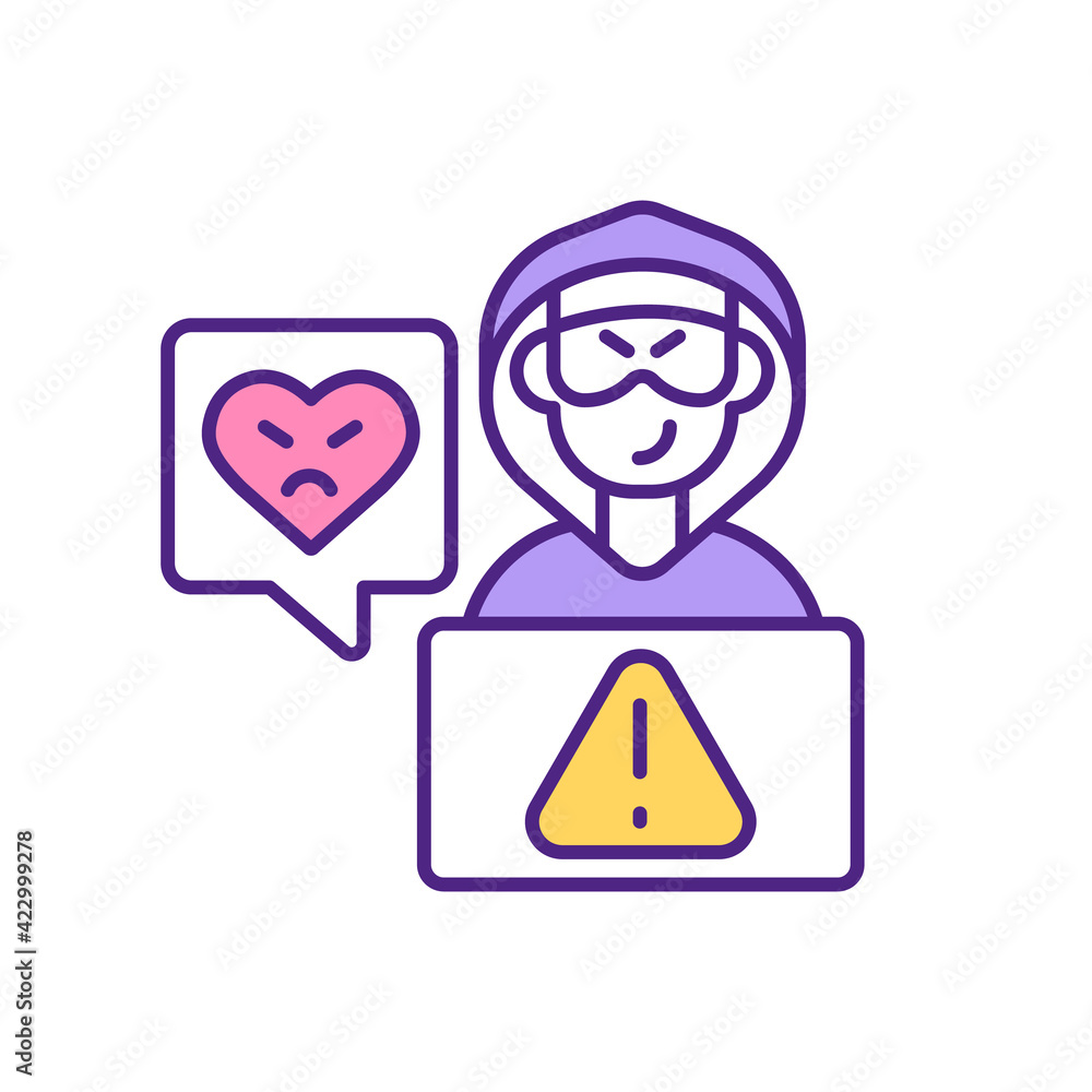 Poster online dating website hacker attack rgb color icon. personal user data in danger, fake love. profess