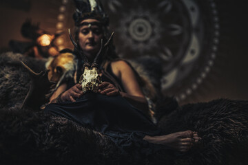 beautiful shamanic woman in the interiors.