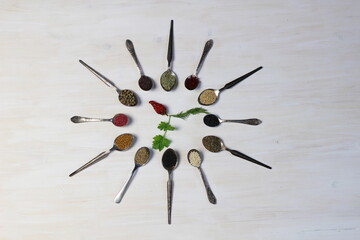 12 metal spoons placed in circle like watch or clock with arrows with spices  on white wooden background