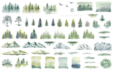 Papier Peint photo Montagnes Illustration d& 39 arbre de forêt aquarelle. Paysage de montagne. Pins des bois. Forêt verte.