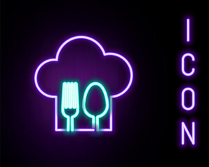 Glowing neon line Chef hat with fork and spoon icon isolated on black background. Cooking symbol. Restaurant menu. Cooks hat. Colorful outline concept. Vector