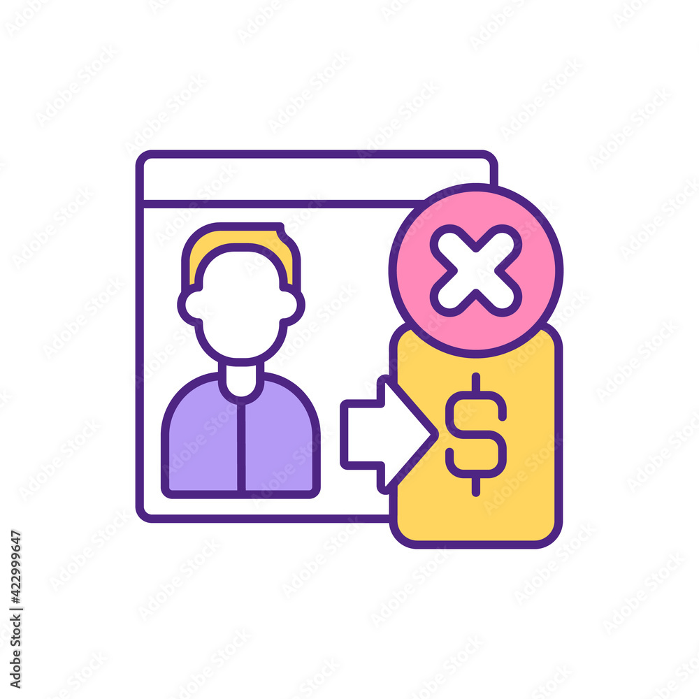 Poster block dating website user for non-payment rgb color icon. monthly payment lack. not enough money to 