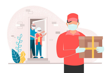 Contactless delivery. An elderly couple on self-isolation during the coronavirus quarantine