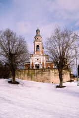 Russian church between two trees 