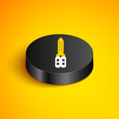 Obraz premium Isometric line Gardening handmade scissors for trimming icon isolated on yellow background. Pruning shears with wooden handles. Black circle button. Vector