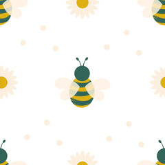 Lovely bees. Seamless pattern with insects and flowers for fabrics, textiles, wrapping paper, interior design. Actual colors. Vector graphics.