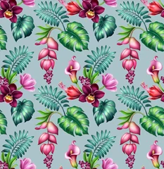 Schilderijen op glas seamless tropical wallpaper with pink flowers and green palm leaves, botanical pattern © wacomka