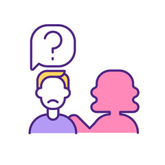 Confused man with question mark above head RGB color icon. Unhappy male with unknown woman. Female pink silhouette, not perfect match on dating website isolated vector illustration