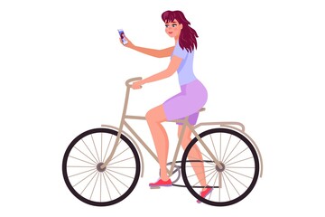 A girl on a bicycle, takes a selfie, a blogger, talks about sports. Vector, eps 10