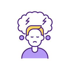 Stormy cloud above man head RGB color icon. Unhappy male with problems. Upset male because of breakup, refusal, divorce. Sad young guy feelings isolated vector illustration