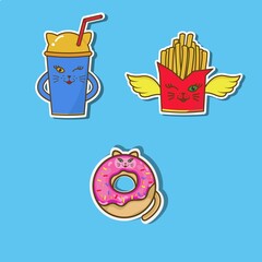 A glass of juice, fries, donut in the form of a cat