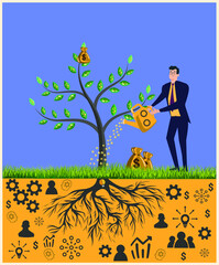 Cool business project. Cartoon postcard. The businessman waters the money tree with coins and grows bills. A successful startup. Target trend.