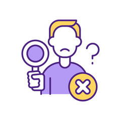 Man with magnifying glass RGB color icon. Unsuccessful searching. Guy making research. No suitable results found isolated vector illustration