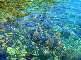 Turquoise sea water, emerald green blue watercolor, amazing summer seascape, crystal clear shiny waters, relax, zen, meditation.