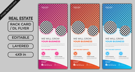 Rack card or Dl flyer template Vector. DL Corporate business template for flyer. Layout with modern elements and abstract background. Creative flyer concept vector roll up banner design
