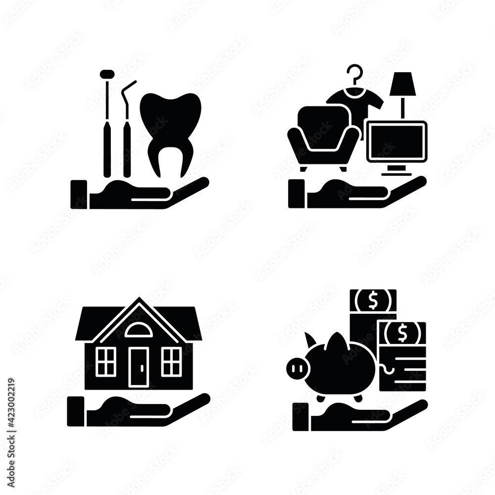 Sticker Insurance and protection black glyph icons set on white space. Dental care. Property coverage. Payment protection. Repairing and rebuilding house. Silhouette symbols. Vector isolated illustration