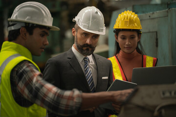 Team technician maintance standing talking manual worker. inspector man in factory industry safety service workshop solution. teamwork engineer expertise innovate.